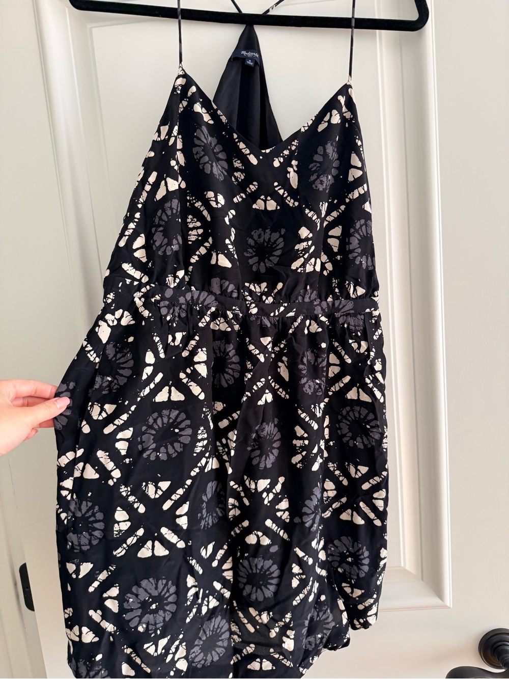 Silk Black & Cream Patterned Spaghetti-Strap Dress